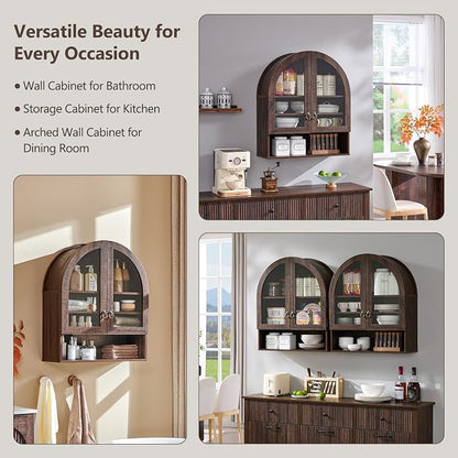 IFGET Bathroom Arched Wall Cabinet, 23.6'' Wide Medicine Cabinet with Adjustable Shelves & Glass Doors, Over The Toilet Storage Wall Mount Cabinet for Laundry Room, Kitchen & Living Room, Dark Walnut