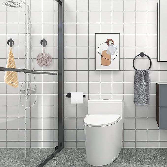 TURS Matte Black Towel Ring Toilet Paper Holder Towel Hooks 4-Pieces Bathroom Towel Holder Set SUS304 Stainless Steel Bathroom Accessories Kit Wall Mounted