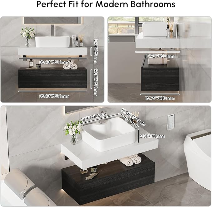 homary 35'' Floating Bathroom Vanity with Sintered Stone Countertop, Wall-Mounted Bathroom Cabinet with Ceramic Sink & Drawer Storage, Waterproof Modern Single Vanity, Black