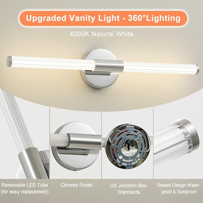 Bathroom Vanity Lights Chrome LED Vanity Lights Modern 24" | 360° Bright Lighting, Dimmable Vanity Light Bar, Hardwired Wall Lights 4000K Natural White for Mirror