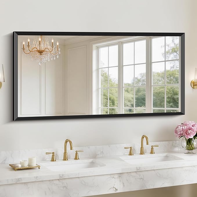 Black Bathroom Mirror 60 x 30 Inch Rectangle Wave Beveled Frame for Wall Bathroom Vanity Mirror for Over Sink, Tempered Glass,for Entryway Hangs, Bathroom Living Room Horizontal or Vertical