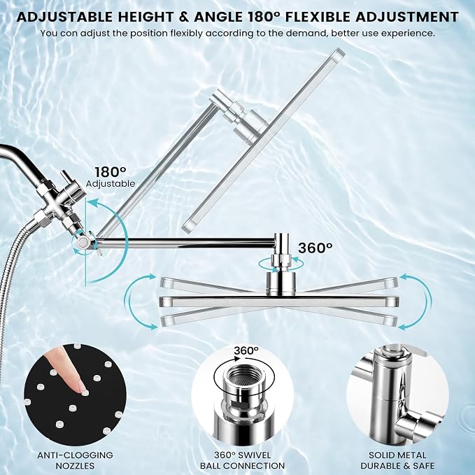 Shower Head with Handheld,High Pressure Chrome Rain Shower Head | Regaderas Para Shower,11.8" Rectangular,Rainfall Shower Head,Dual Shower Head,Bathroom Decor,Extension Arm,5 Spray Mode