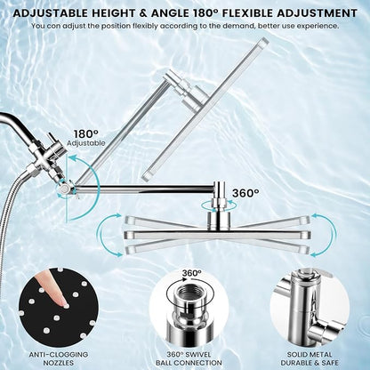 Shower Head with Handheld,High Pressure Chrome Rain Shower Head | Regaderas Para Shower,11.8" Rectangular,Rainfall Shower Head,Dual Shower Head,Bathroom Decor,Extension Arm,5 Spray Mode