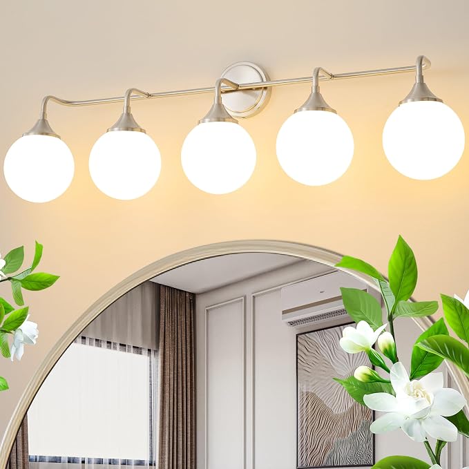 Brushed Nickel Bathroom Light Fixtures Over Mirror Vanity 5-Light | Mid Century Modern Brushed Nicke Wall Sconce with Milky White Glass Ball Shades for for Bathroom Dressing Table Bedroom