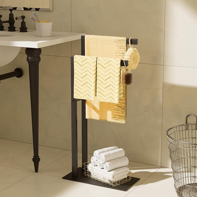 Yawinhe Free Standing Towel Rack,2 Tier Blanket Holder with Shelf,Black | Towel Drying Rack with Marble Base;Tall Towel Drying Rack Outdoor; Metal Towel Stand for Bathrooms;Hand Holder for Bathroom