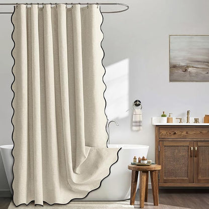 MIULEE 72"x84" Extra Long Scalloped Linen Shower Curtain Natural | Linen Textured, Waterproof, Washable, 12 Metal Hooks, Heavy Duty Cloth, Black Border, Shower Curtain for Bathroom Bathtub