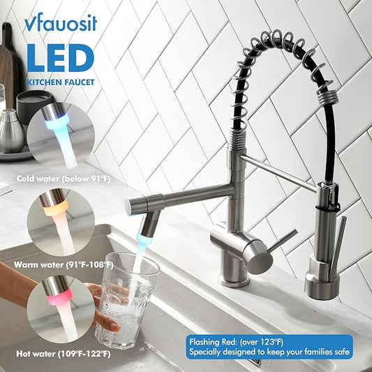 VFAUOSIT Kitchen Faucets, Commerical LED Kitchen Faucet with Pull Down Sprayer, Stainless Steel Brushed Nickel Kitchen Sink Faucet with Single Handle for Modern RV Farmhouse Camper Laundry Bar Sink
