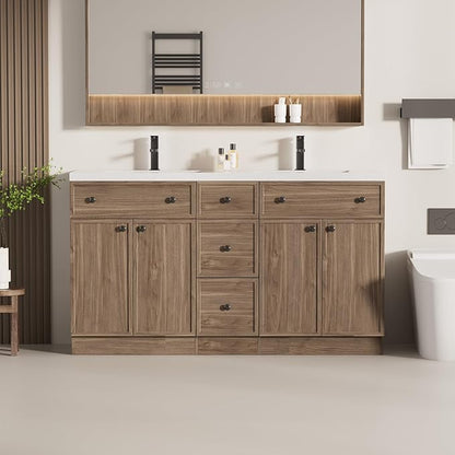 LUCKWIND 60" Bathroom Vanity Sink Combo, Modern Bathroom Cabinet with Double Undermount Solid Surface Vanity Sink, Soft-Close Hinges & Water-Saving Faucet, Taupe