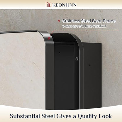 Keonjinn 20 x 32 Inch Black Mirrored Medicine Cabinet, Recessed Medicine Cabinets for Bathroom, Black Stainless Steel Framed, Stepless Adjustable Shelves, in Wall or Surface Mount, Sturdy & Heavy