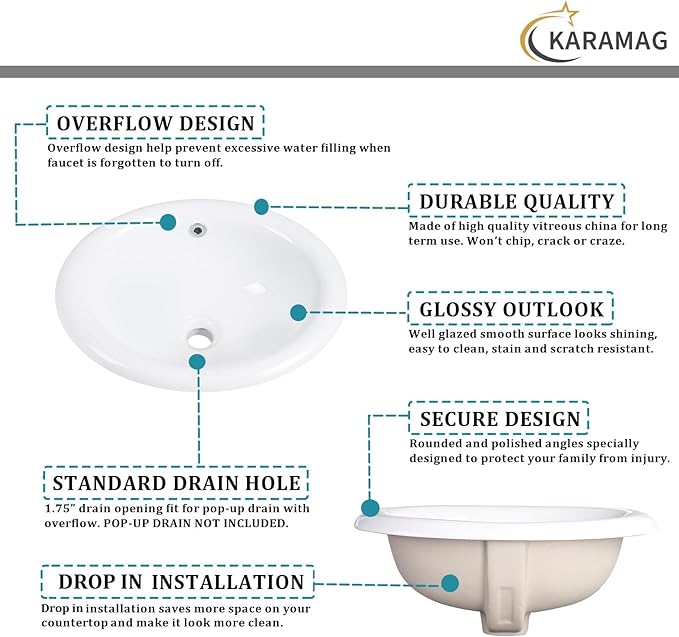 Bathroom Vessel Sink 18'' x 15'' Semi Recessed Bathroom Sink Oval Drop-in Vanity Sink with Overflow White Ceramic Modern Art Basin