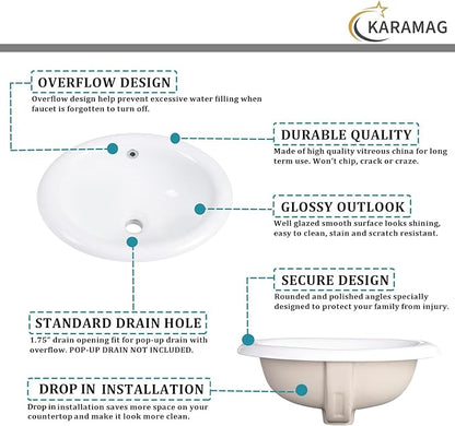 Bathroom Vessel Sink 18'' x 15'' Semi Recessed Bathroom Sink Oval Drop-in Vanity Sink with Overflow White Ceramic Modern Art Basin