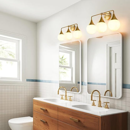 Bathroom Vanity Light Fixtures: 3-Light Mid Century Modern Bathroom Lighting Fixtures Over Mirror - Brass Gold Wall Sconce with Milky White Globe Glass for Bath Living Room