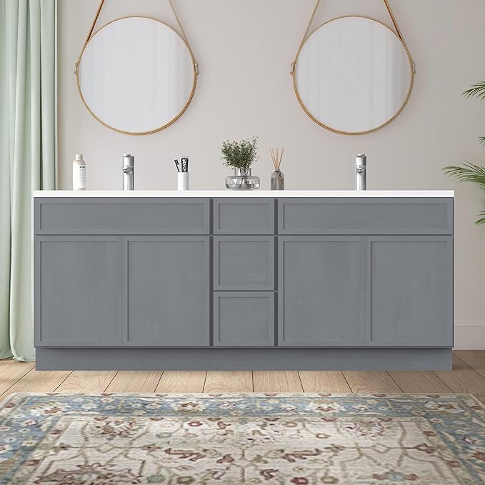 HomeBeyond 78 Inches Bathroom Vanity Base Cabinet Without Sink, Double Sink Top Sturdy Floor Mounted Cabinet with Door & Soft Closing Drawers, Sliver, VA4133-2+VA4112-3