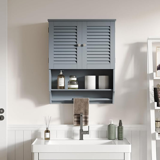 ChooChoo Bathroom Wall Cabinet with Towels Bar, 23.6" L x7.9 W x27.5 H MDF Material Medicine Cabinet, 2 Doors Over The Toilet Space Saver Storage Cabinet with Large Space, Grey