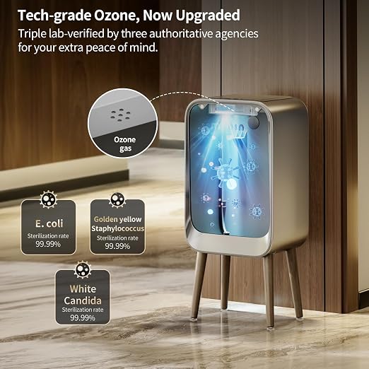 MRBIN Motion Sensor Bathroom Trash Can with Leg, Odor Control 5.5 Gal Tall Automatic Waste Basket for Bedroom, Ozone Purification Neutralizing, Touchless Butterfly Lid, Eclipse Grey