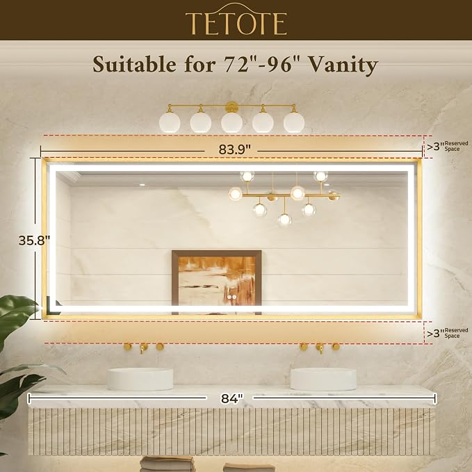 84 x 36 Bathroom LED Mirror Brushed Gold Metal Frame Frontlit & Backlit Vanity Mirror Anti-Fog Stepless Dimmable 3 Colors White/Warm/Natural Wall-Mounted