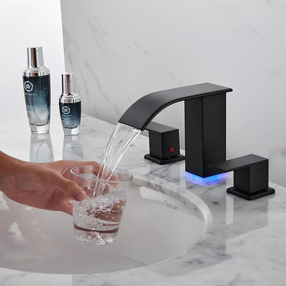 Bathroom Faucet 3 Hole, Matte Black Waterfall Bathroom Faucets, 8 Inch Widespread Modern Bathroom Sink Faucet & Parts, Wide Spread Touch On Three Hole 2 Handle Bathroom Vanity Faucet