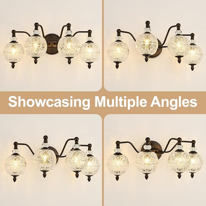Vintage Bathroom Vanity Light, 4-Light Mid Century Oil Rubbed Bronze Finish Wall Sconce with Globe Glass Shades, Retro Mirror Light for Bathroom, Powder Room