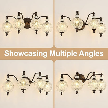 Vintage Bathroom Vanity Light, 4-Light Mid Century Oil Rubbed Bronze Finish Wall Sconce with Globe Glass Shades, Retro Mirror Light for Bathroom, Powder Room
