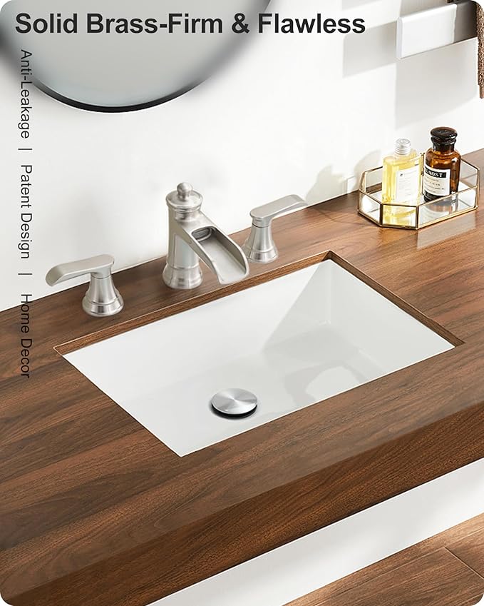 4-16 Inch Brushed Nickel Bathroom Faucet Waterfall, Brass Bathroom Sink Faucet 3 Hole 2 Handles Widespread with Pop-up Drain & Supply Hose for Vanity, Lavatory, Farmhouse Sink