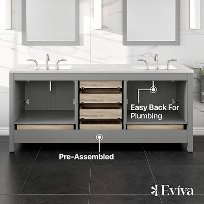 Eviva Aberdeen 78 inch Gray Transitional Double Sink Bathroom Vanity with White Carrara Quartz Countertop and Undermount Porcelain Sinks