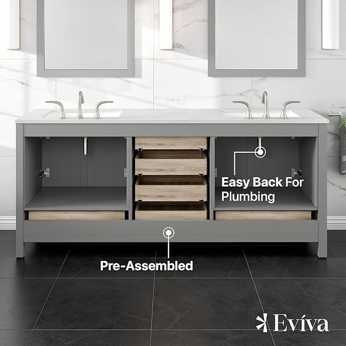 Eviva Aberdeen 78 inch Gray Transitional Double Sink Bathroom Vanity with White Carrara Quartz Countertop and Undermount Porcelain Sinks