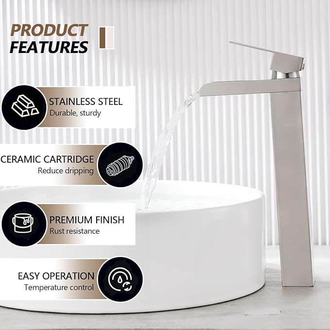 Tall Bathroom Faucet, Brushed Nickel Waterfall Bathroom Faucets for 1 Hole, Single Handle Lavatory Bathroom Vessel Sink Faucet with Hoses and Pop-up Drain KMBF015L-1