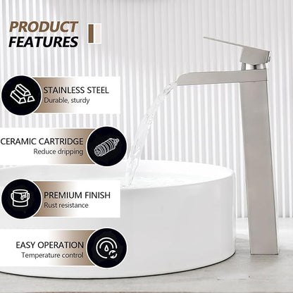 Tall Bathroom Faucet, Brushed Nickel Waterfall Bathroom Faucets for 1 Hole, Single Handle Lavatory Bathroom Vessel Sink Faucet with Hoses and Pop-up Drain KMBF015L-1