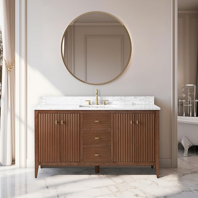 Vanity Art 60 inch Bathroom Vanity with Single Sink & Ceramic Top, Vanity Cabinet with Soft-Closing Door, Solid Wood Frame, Linear Pattern, Walnut, Golden Brushed Handware VA9160-SWalnut-GB