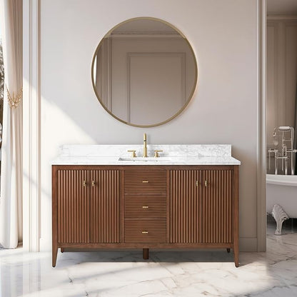 Vanity Art 60 inch Bathroom Vanity with Single Sink & Ceramic Top, Vanity Cabinet with Soft-Closing Door, Solid Wood Frame, Linear Pattern, Walnut, Golden Brushed Handware VA9160-SWalnut-GB