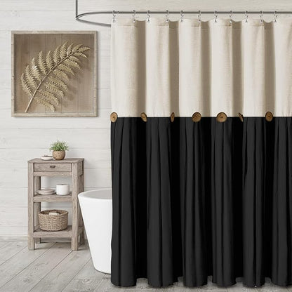 Farmhouse Shower Curtain Linen Button Cream-Black 72" W x 72" L | Farmhouse Style, Chic Button, Striped, Linen Fabric, Rustic, Country, Natural Look, Washable, for Bathroom Bathtub