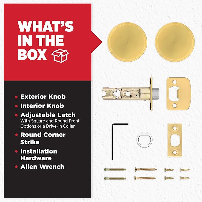 Kwikset Pismo Interior Passage Door Knob, Handle for Closet and Hallway Doors, Non-Locking Doorknob, Satin Brass, Round, Microban Protection (Pack of 10)