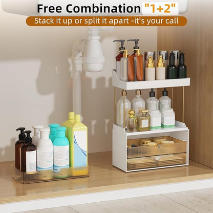 StorBin Arcylic 5-Tier Makeup & Skincare Organizer for Vanity, Bath | Smooth 3 drawers, clear body, gold frame, non-slip, for perfumes, serums, face masks, palettes, vanity & bath counter,Amber