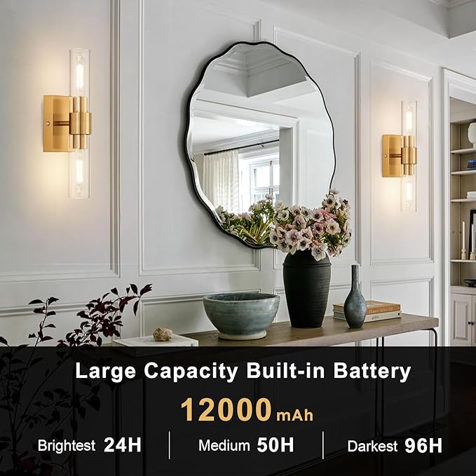 Gold Battery Operated Wall Sconce Set of 2 with Remote Control, 12000mAh Rechargeable Wall Lights, Wireless Dimmable Wall Lamps for Bedroom Living Room Bathroom Hallway Entryway Stairwell