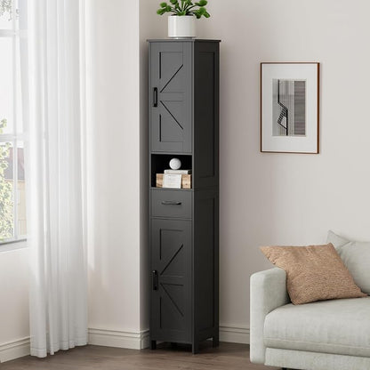 Homhedy 67" H Tall Bathroom Storage Cabinet with Barn Doors and Drawer | Narrow Storage Unit with Adjustable Shelves, Floor Cabinet for Bathroom, Living Room, Entryway or Kitchen, Black, 11.8" W
