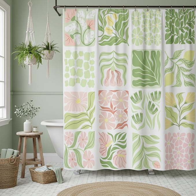 JAWO Sage Green Cute Boho Floral Shower Curtain, Colorful Abstract Floral Retro Aesthetic Shower Curtain for Bathroom, Funky Unique Waterproof Fabric Polyester Bath Curtains with Hooks,70Wx90H