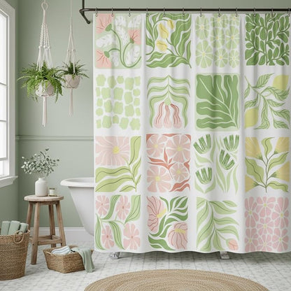 JAWO Sage Green Cute Boho Floral Shower Curtain, Colorful Abstract Floral Retro Aesthetic Shower Curtain for Bathroom, Funky Unique Waterproof Fabric Polyester Bath Curtains with Hooks,47Wx64H