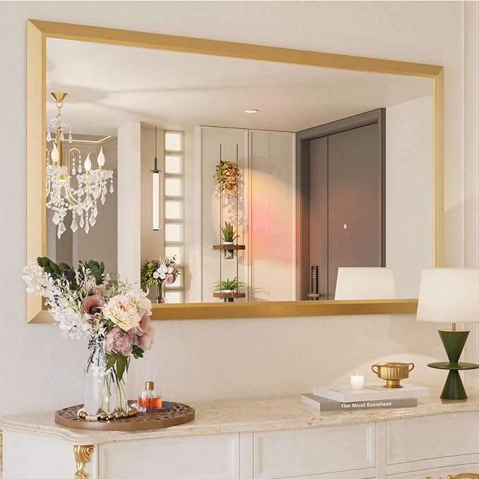 Bathroom Mirror for Wall, 60 X36 Inch (Brushed Gold Frame) | Thick Metal Framed, HD Reflection, Anti-Rust, Hang Horizontally/Vertically, Suitable for Bathroom, Farmhouse, Entryway
