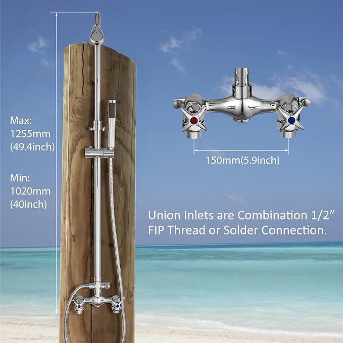 Aolemi Outdoor Shower Kit with Handheld,Round Rain Shower,Polish Chrome | 2-Handle Hot and Cold Control, Adjustable Height, 6-Inch Center Valve, 59-Inch Hose, Winter Drainage Outdoor Shower Fixtures