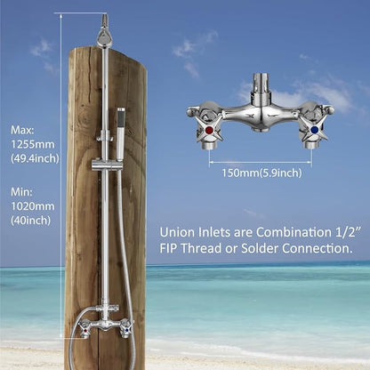Aolemi Outdoor Shower Kit with Handheld,Round Rain Shower,Polish Chrome | 2-Handle Hot and Cold Control, Adjustable Height, 6-Inch Center Valve, 59-Inch Hose, Winter Drainage Outdoor Shower Fixtures