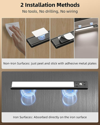 EZVALO Under Cabinet Lighting, 3500mAh Rechargeable Motion Sensor Light Indoor, 3 Color Temps, 5-Level Dimmable Magnetic Wireless Closet Lights for Kitchen, Stairs (Black, 2 Pack)