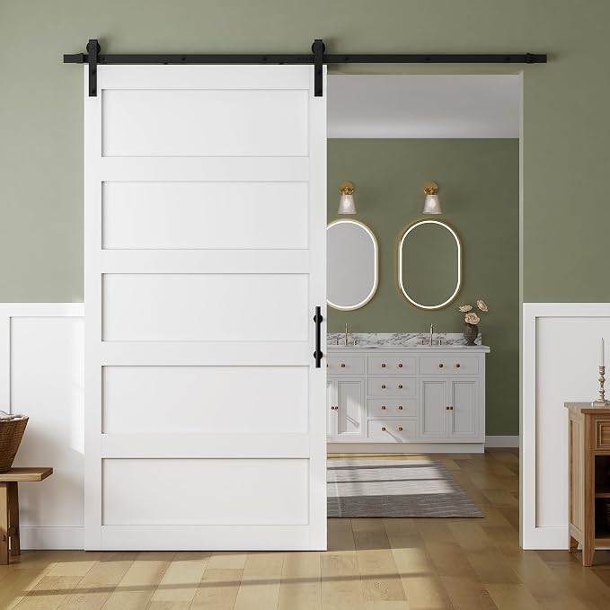 SMARTSTANDARD 48in x 96in Sliding Barn Door with 8FT Hardware Track Kit | Waterproof PVC Surface, Pre-Drilled Holes Easy to Assemble, Solid, MDF, White, 5-Panel
