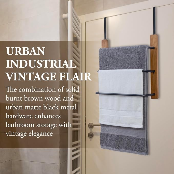 MyGift Over The Door Towel Rack for Bathroom, Rustic Solid Burnt Wood Towel Storage Organizer, 3 Tier Matte Black Metal Towel Bar, Space Saving Bathroom Door Hanging Towel Holder | Compact Bathroom Hanging Solution For Bath Linens Robes Shower Essentia...