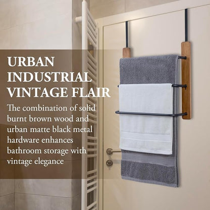 MyGift Over The Door Towel Rack for Bathroom, Rustic Solid Burnt Wood Towel Storage Organizer, 3 Tier Matte Black Metal Towel Bar, Space Saving Bathroom Door Hanging Towel Holder | Compact Bathroom Hanging Solution For Bath Linens Robes Shower Essentia...