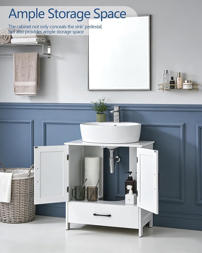 Bathroom Vanity Sink Cabinet, Under Sink Storage Cabinet with 2 Doors, Waterproof Pedestal Sink Cabinet for Bathroom, Laundry Room, Kitchen, White with Drawer