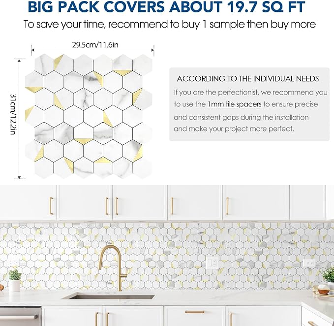 20-Sheet Heavy-Duty Hexagon Peel and Stick Backsplash, Thick Waterproof &Heat Resistant Stick on Wall Tiles, Marble White Mosaic for Kitchen & Bathroom, Strong Adhesive Permanent PVC Tiles