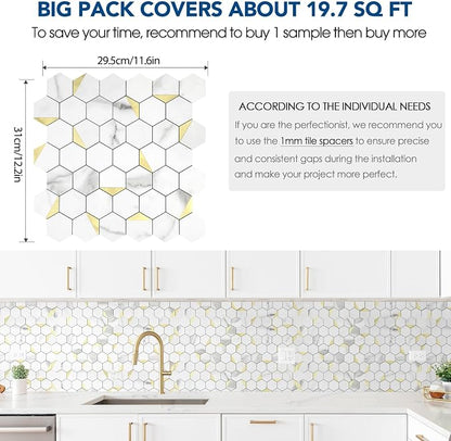 20-Sheet Heavy-Duty Hexagon Peel and Stick Backsplash, Thick Waterproof &Heat Resistant Stick on Wall Tiles, Marble White Mosaic for Kitchen & Bathroom, Strong Adhesive Permanent PVC Tiles