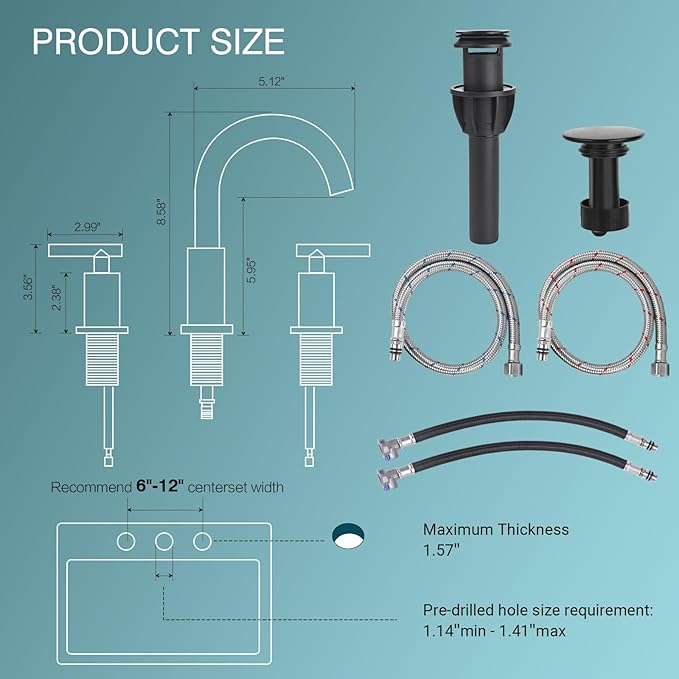 TRUSTMI 2 Handle 8-Inch Widespread Bathroom Faucet Matte Black 3 Hole Brass Bathroom Vanity Sink Faucet with 360° Swivel Spout, Include Overflow Drain and cUPC Supply Lines