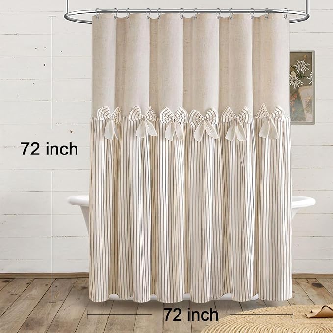 Farmhouse Shower Curtain Linen Bow Pleated Beige Stripe 72"W x 72"L | Farmhouse Style, Chic Bow, Striped, Linen Fabric, Rustic, Country, Natural Look, Washable, for Bathroom Bathtub
