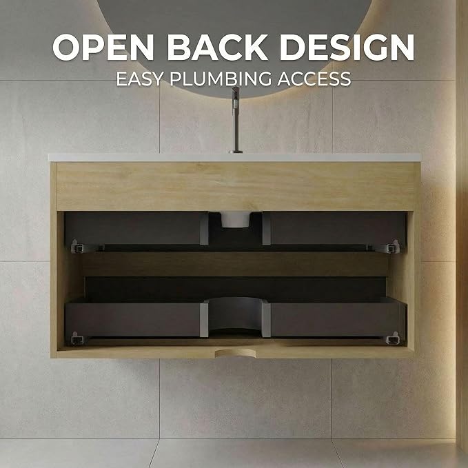 36″ Natural Wood & White Floating Bathroom Vanity with Sink, Modern Bathroom Cabinet with Soft Close & Large Storage Drawers, for Bath, Apartment, Hotel, Fully Assembled